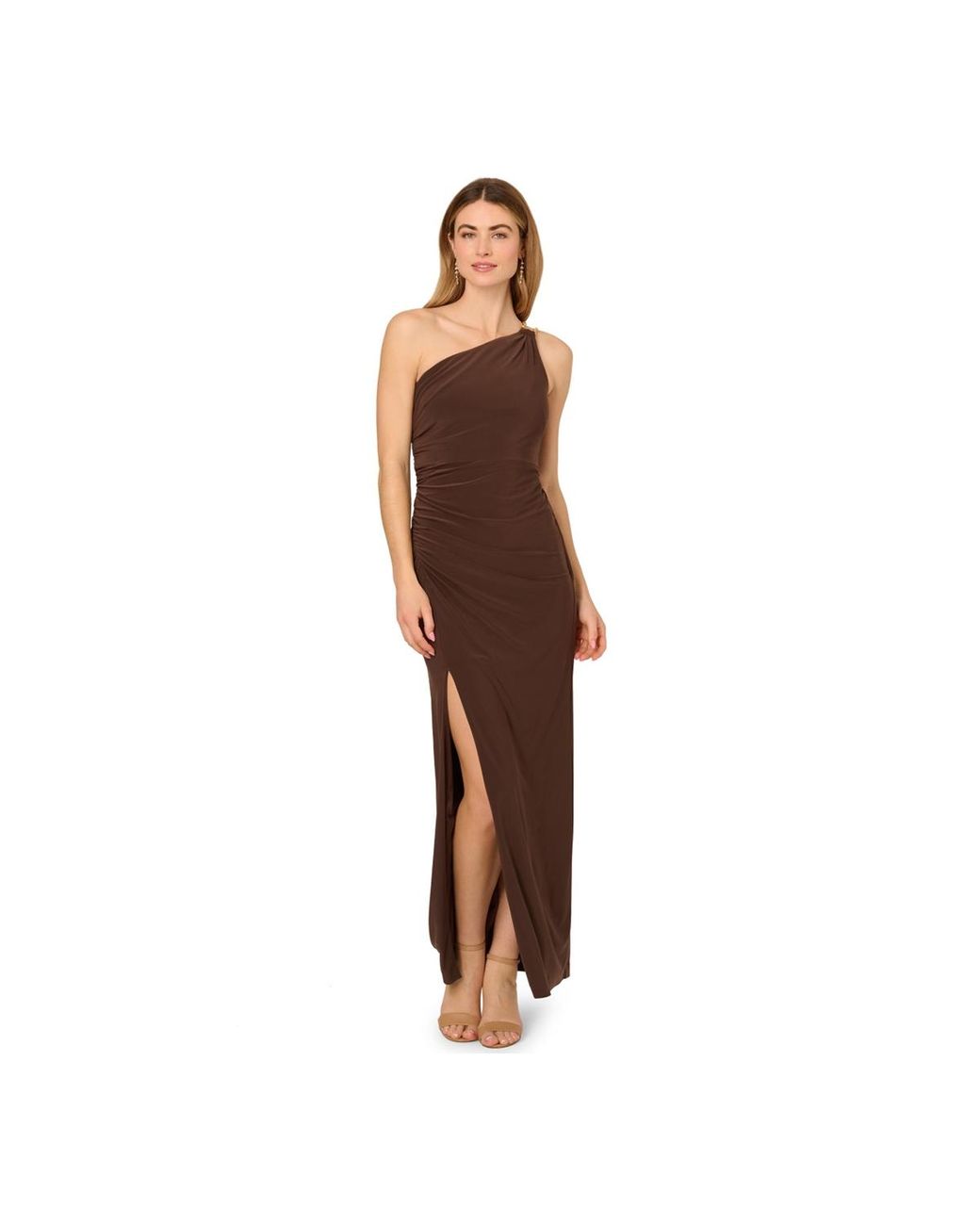 Adrianna Papell One-shoulder Slim Column Gown in Brown | Lyst