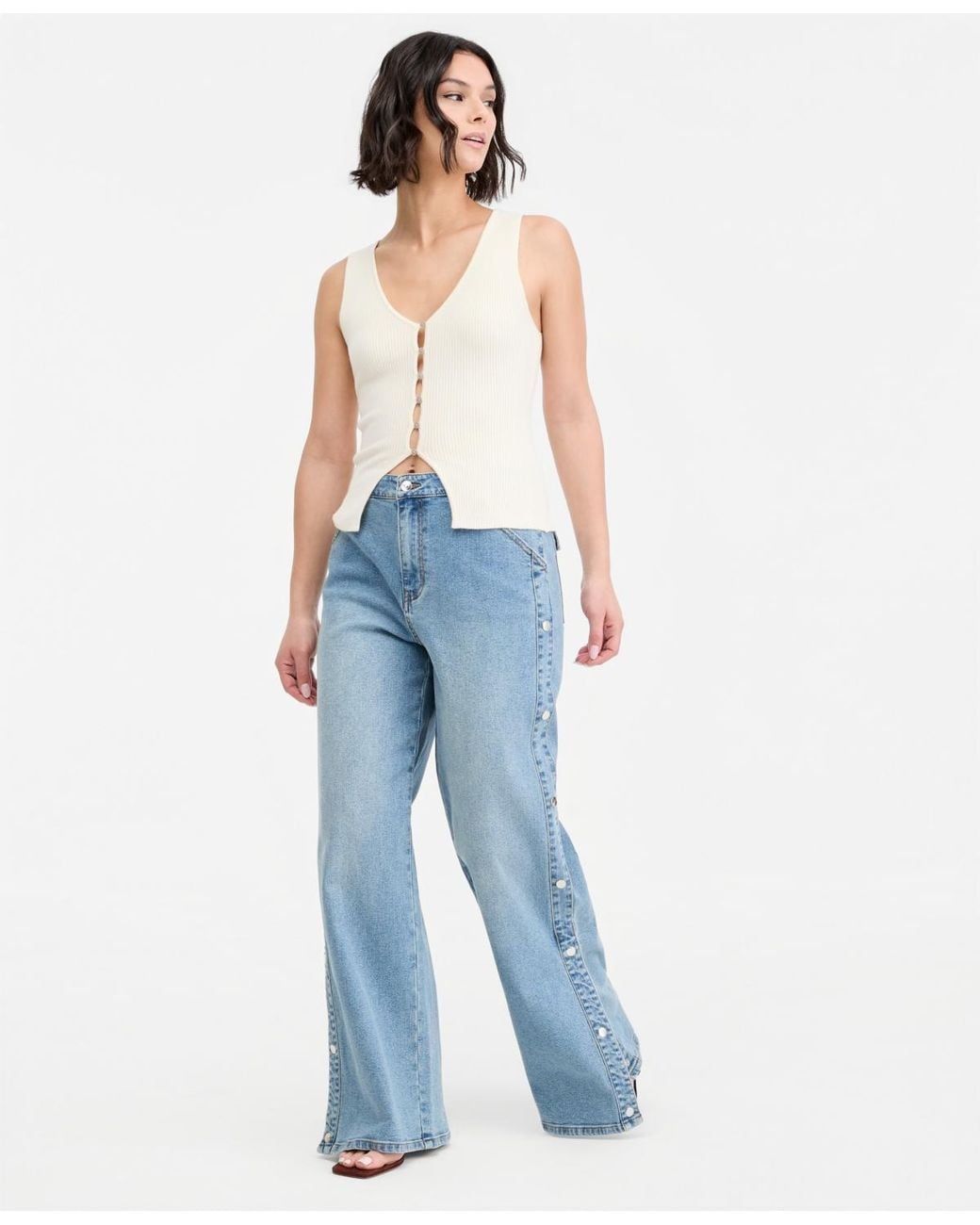 BarIII Blue Ribbed Button-front Top