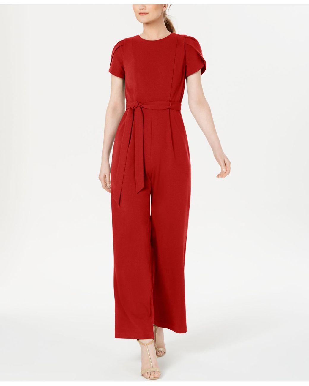 Calvin Klein Belted Puffsleeve Jumpsuit in Red Lyst