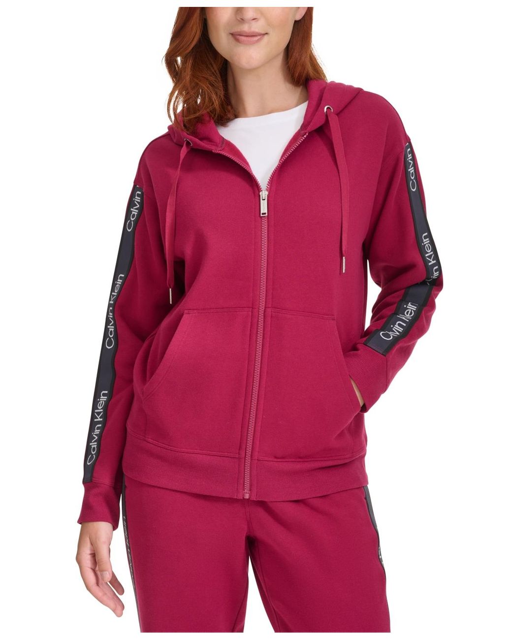 Calvin Klein Performance Fleece Logo Stripe Full Zip Hoodie in Red Lyst