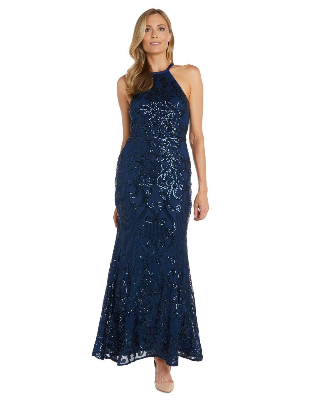 Nightway Sequined Sleeveless Halter Gown in Blue Lyst
