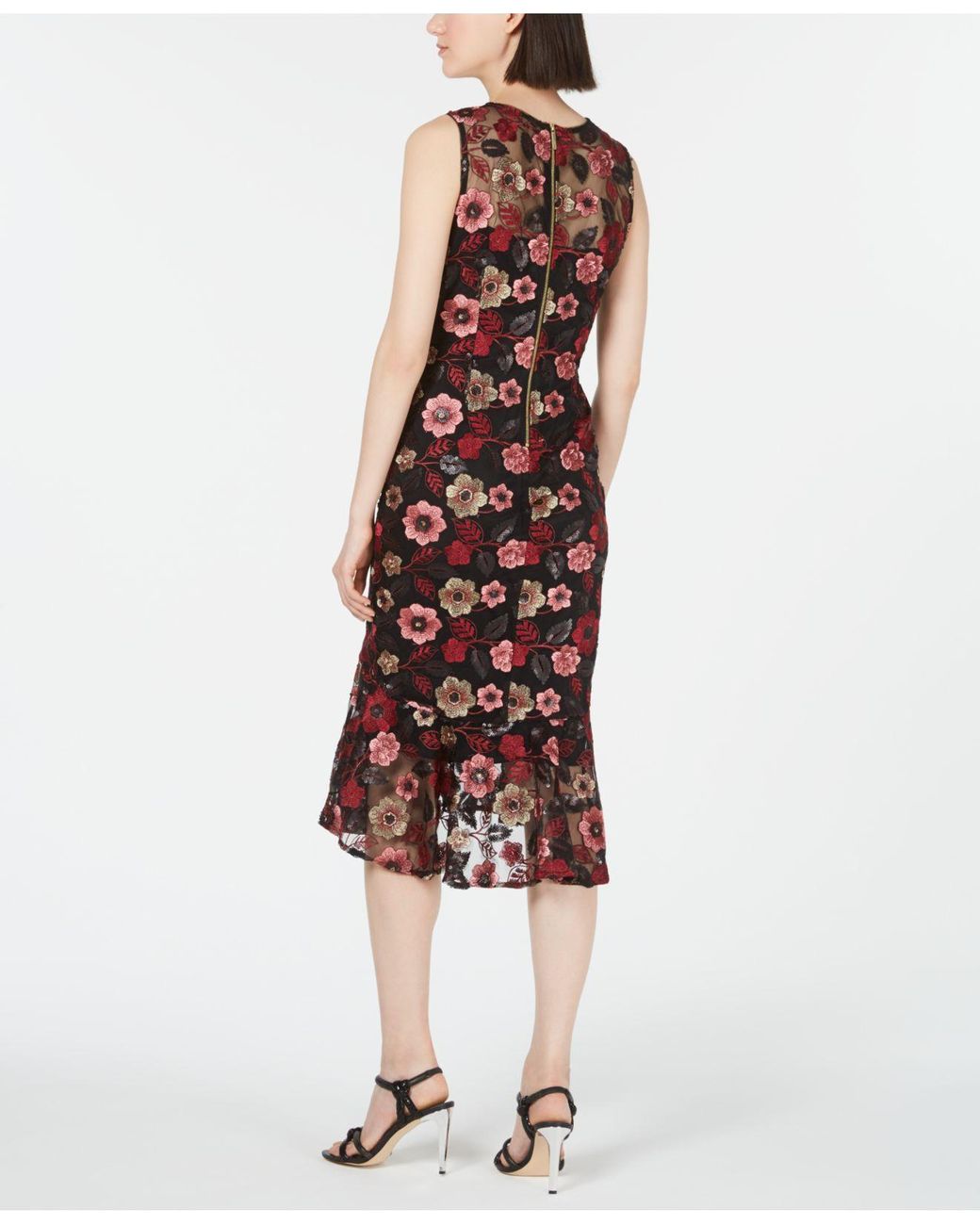 Calvin Klein Sequined Floral Embroidered Flounce Dress in Black | Lyst