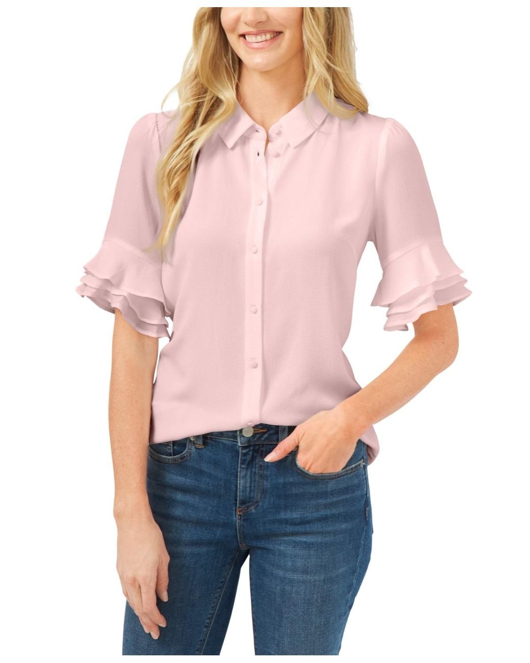 Cece Red Button-front Ruffled 3/4-sleeve Blouse
