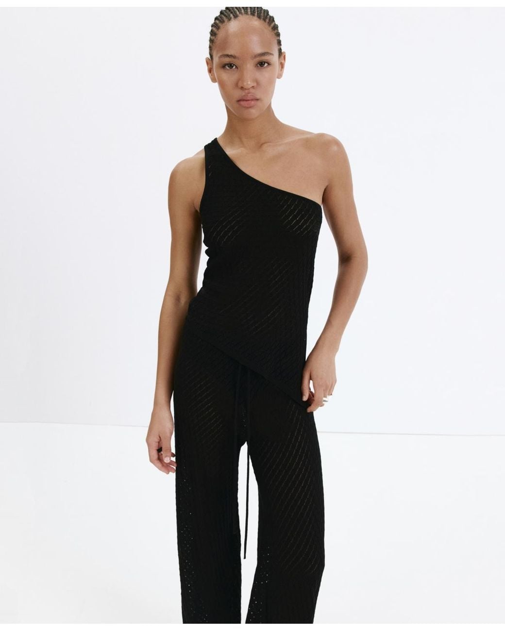 Mango Black Asymmetrical Open-knit Top