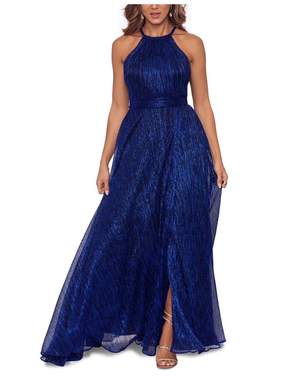 Betsy & Adam Metallic Halter Gown in Blue Lyst