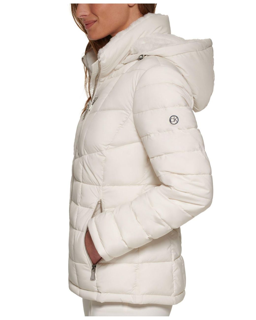 Calvin Klein Petite Hooded Puffer Coat, Created For Macy's in Natural | Lyst