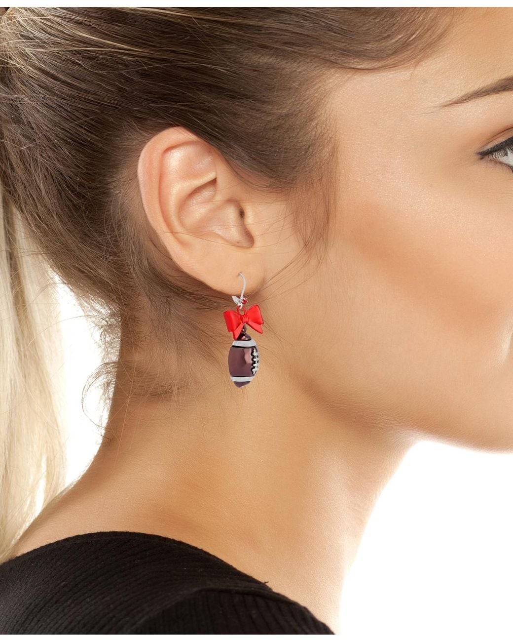 Betsey Johnson Red Faux Stone Kick Off Bow Football Drop Earrings