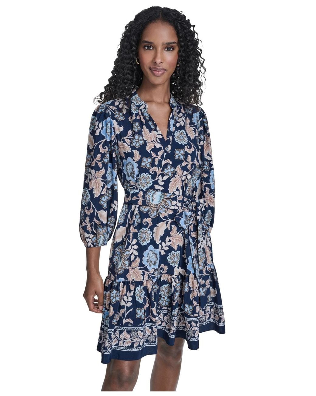 jessica howard blue floral dress Jessica Howard Navy Blue Floral Embroidered Sheath Dress With Sheer Flutter Slee