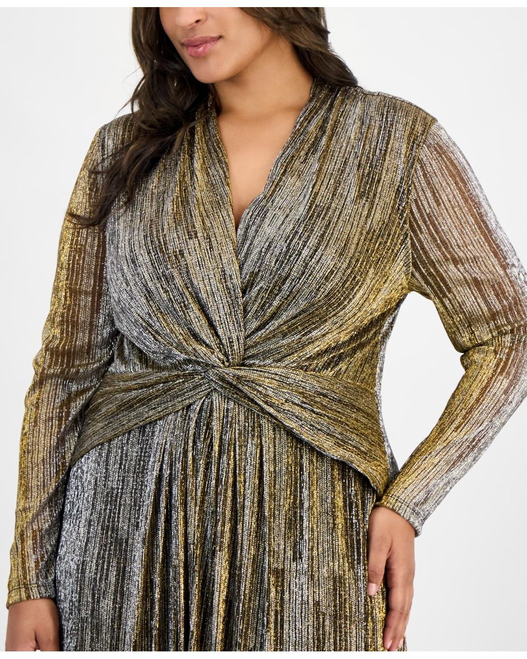 green emerald velvet dress Plus Size Long Sleeve Glitter Plisse Wrap Midi Dress in Gold