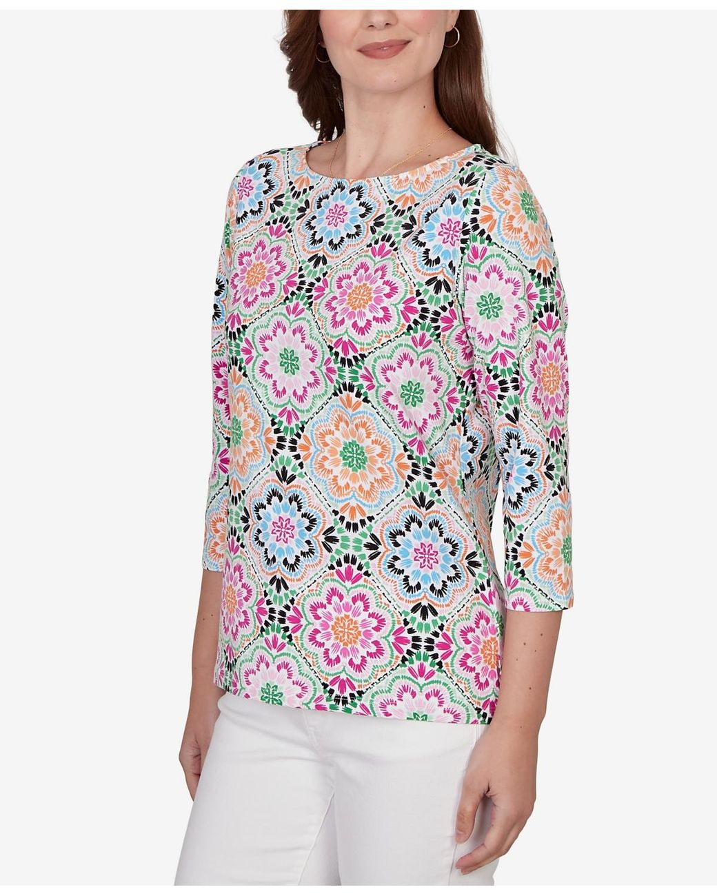 Ruby Rd. Petite Kaleidoscope Floral Boat Neck Knit Top in Gray | Lyst