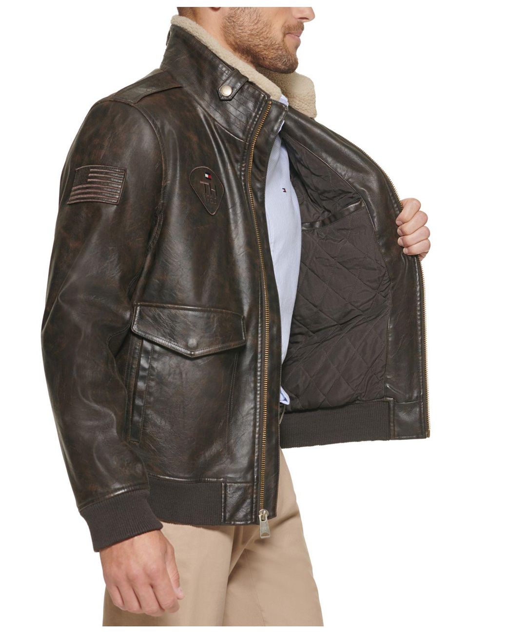 tommy hilfiger men's top gun faux leather aviator bomber jacket