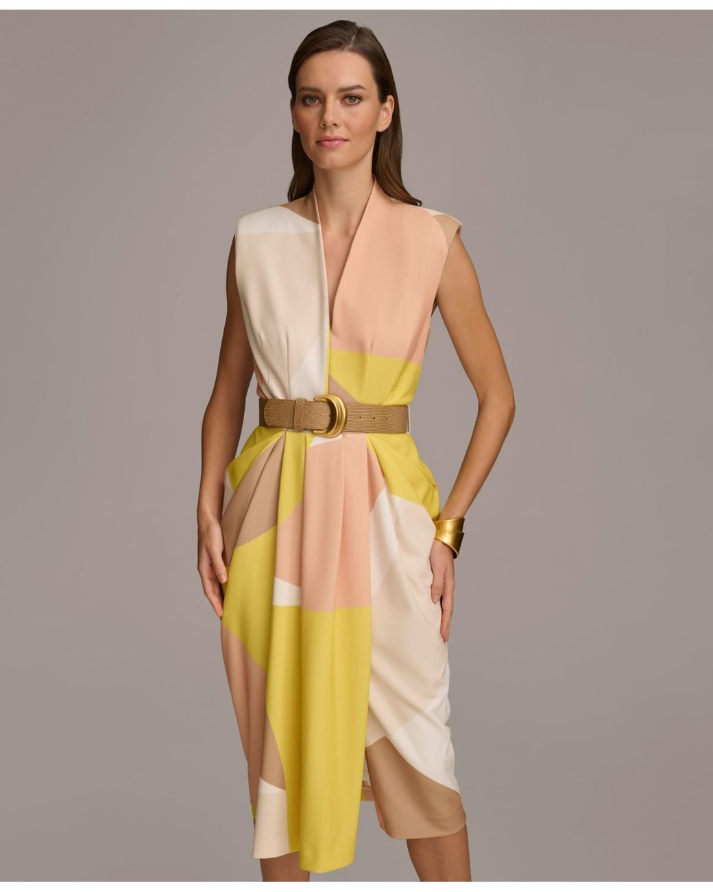 Donna Karan Donna Karan V-neck Sleeveless Belted Sheath