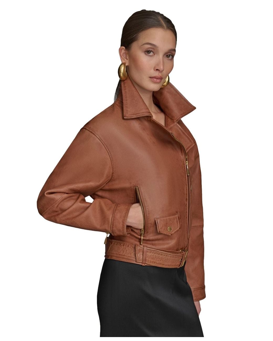 Donna Karan Asymmetric Leather Moto Jacket in Brown | Lyst