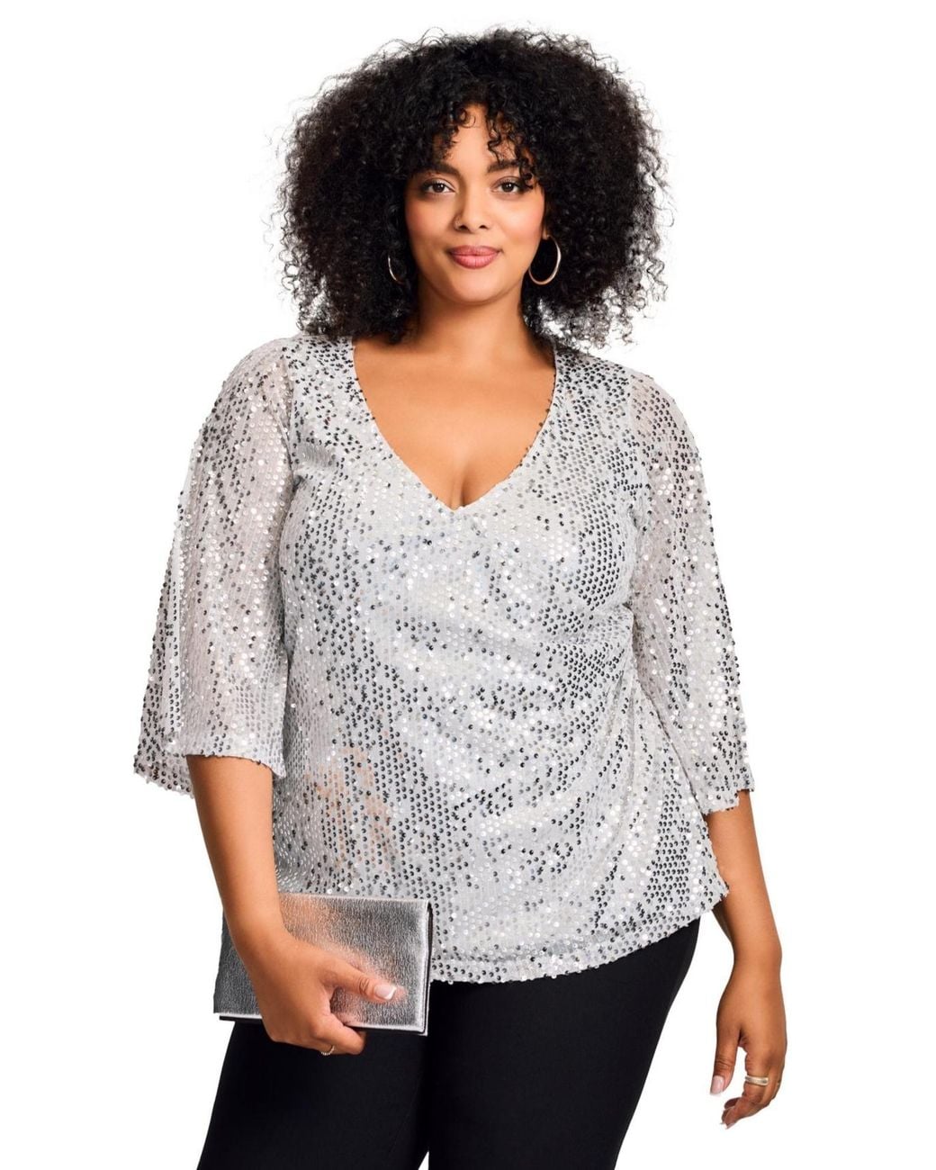 Avenue Gray Plus Size Faux Wrap Sequin Top