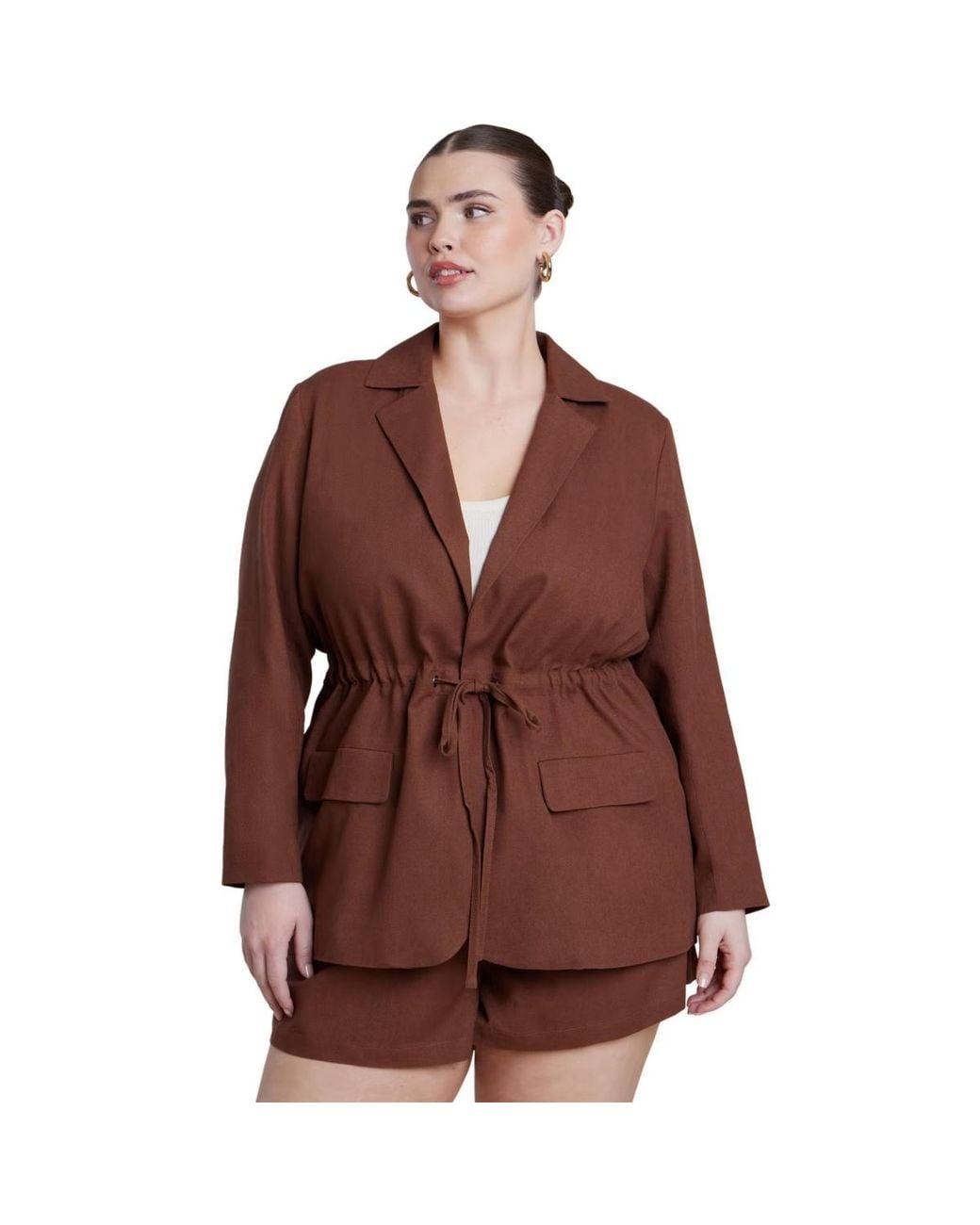 Eloquii Brown Drawstring Waist Linen Blazer