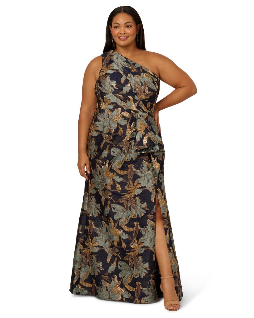 green emerald velvet dress One Shoulder Jacquard Mermaid Gown with Drape Detail in Cobalt Teal main image 0