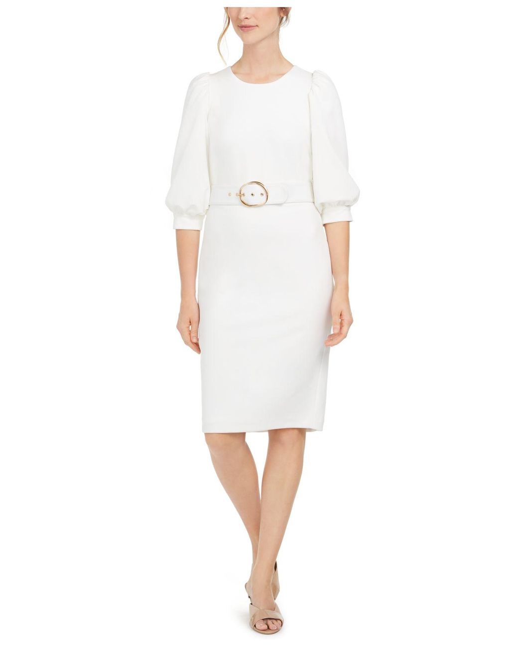 Calvin Klein Balloon-sleeve Belted Sheath Dress in White | Lyst