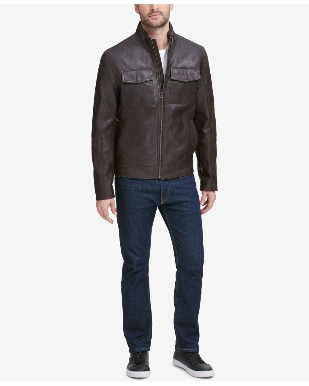 cole haan leather trucker jacket