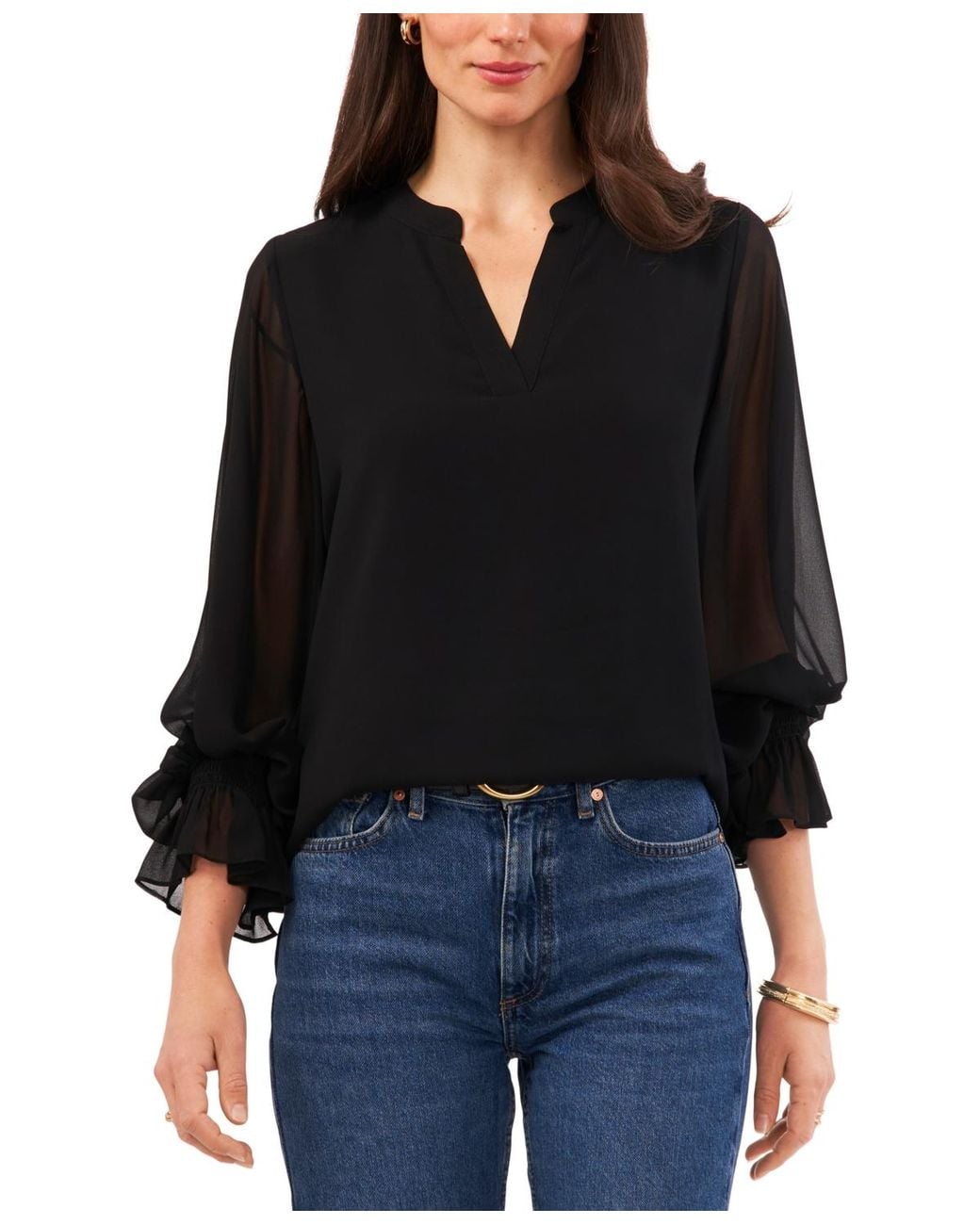 Vince Camuto Black Split-neck Long-sleeve Top