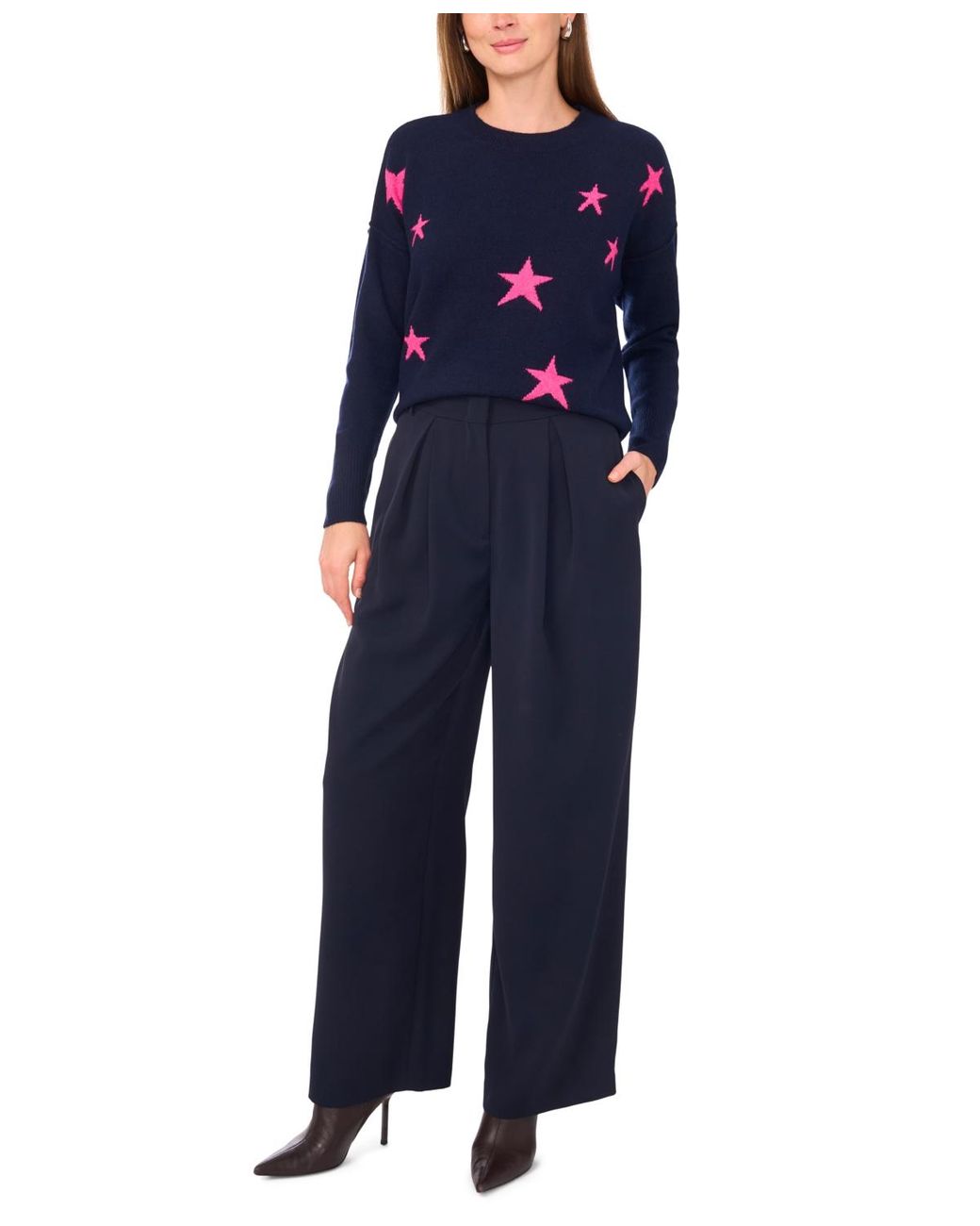 Vince Camuto Blue Cozy Crewneck Star-print Dropped-shoulder Sweater