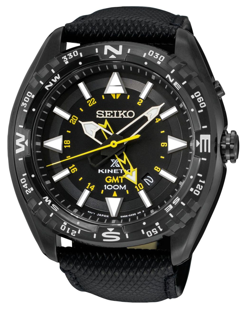 Seiko Prospex Kinetic Gmt Black Leather Strap Watch 46mm Sun057 