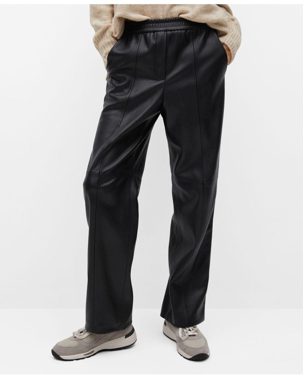 Mango Leather-effect Straight Trousers in Black - Lyst