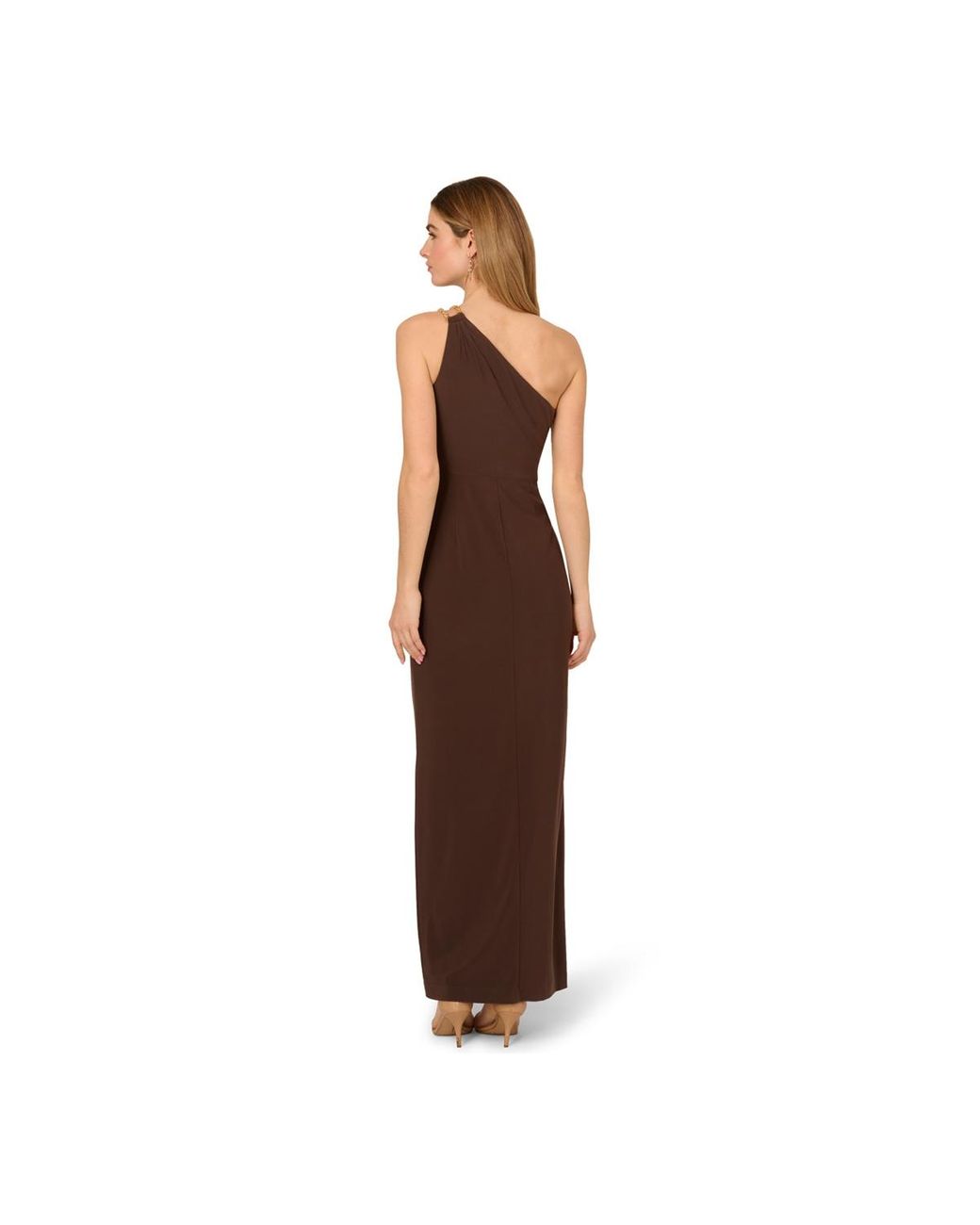 Adrianna Papell One-shoulder Slim Column Gown in Brown | Lyst
