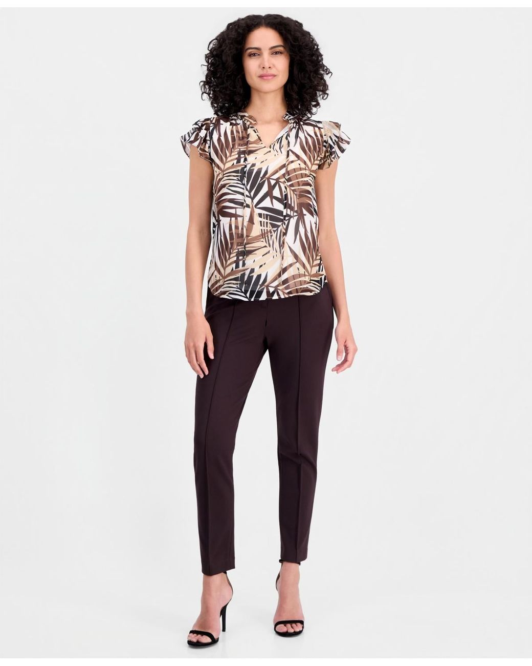 Anne Klein White Palm-print Flutter-sleeve Split-neck Top