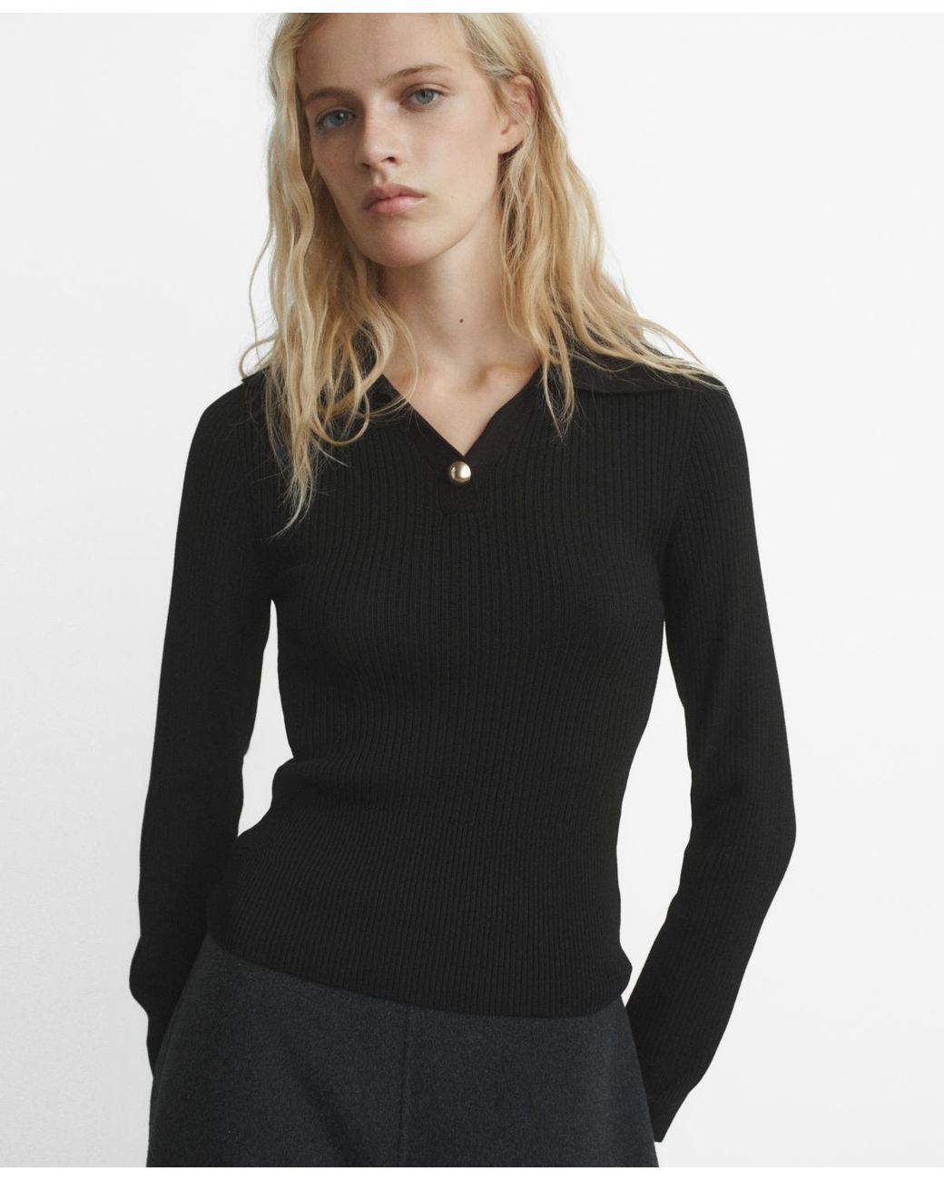 Mango Black Jewel Button Ribbed Sweater