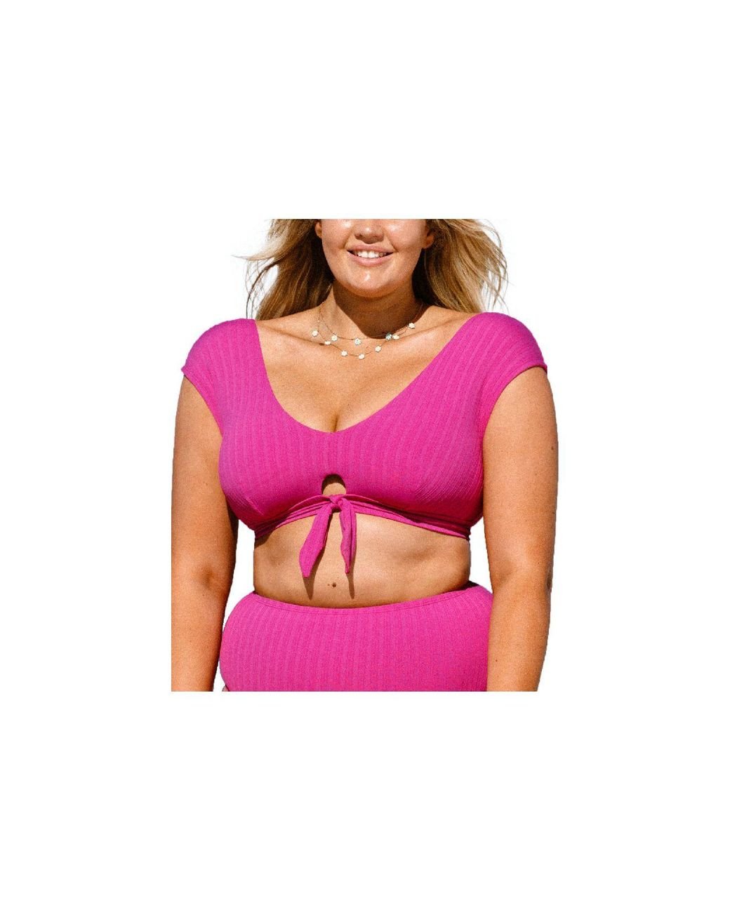 CUPSHE Breezy Rib Faux Tie Cap Sleeve Bralette Plus Size Bikini Top in Pink