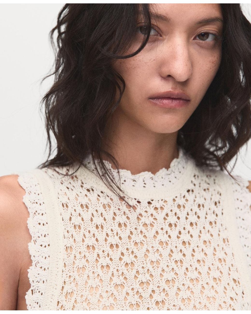 Mango White Openwork Knit Top