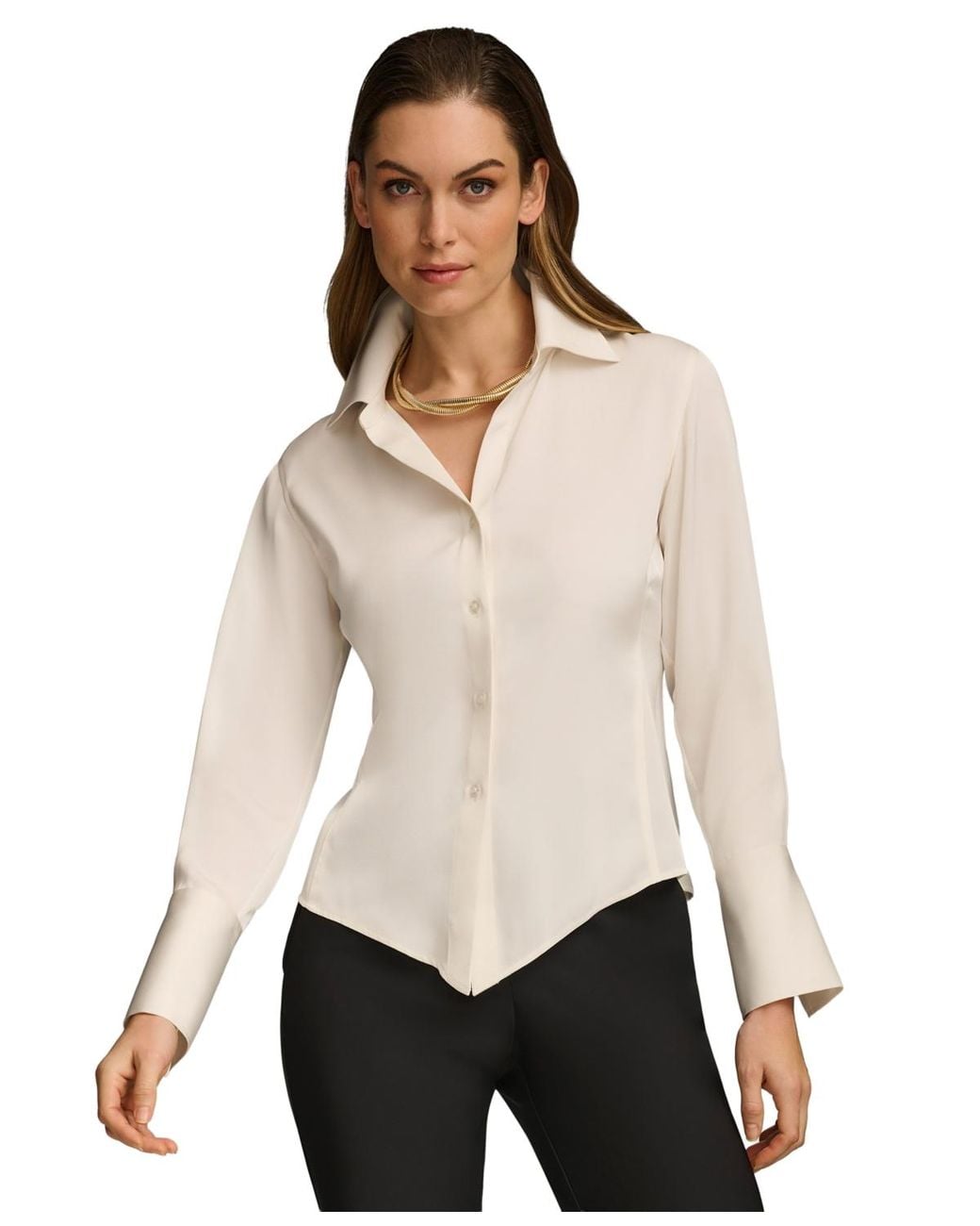 Donna Karan Natural Petite Button Front Point Hem Top