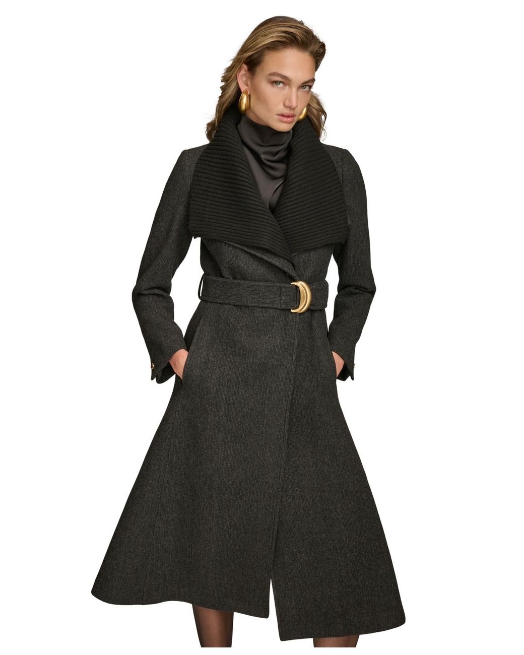 Donna Karan Belted Wing collar Coat in Black Lyst