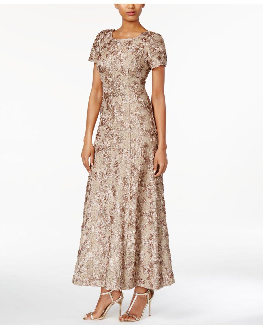 Alex Evenings Womens Long A-line Rosette Dress with Short Sleeves Sequin Detail