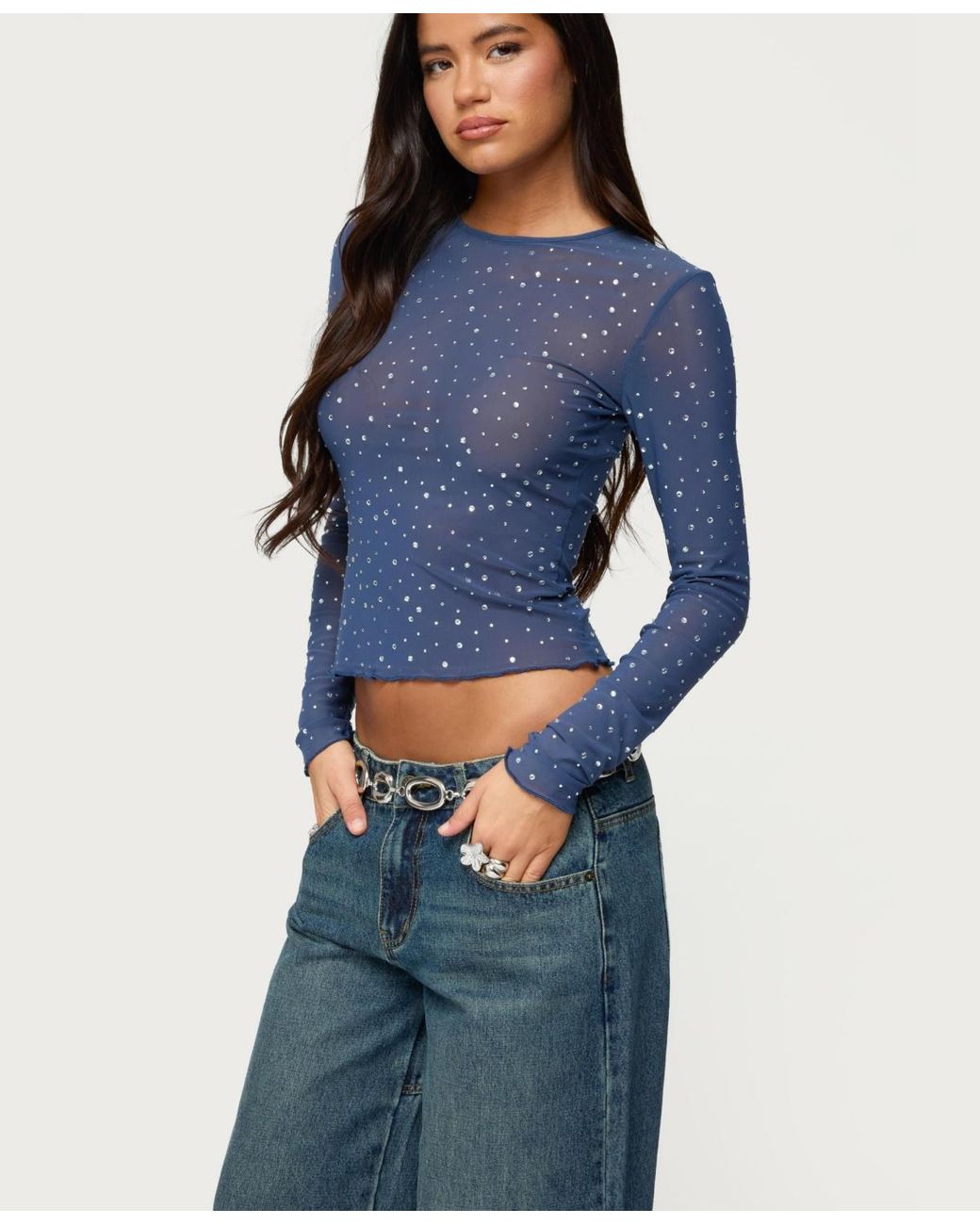 Mesh Graphic Rhinestone Top Edikted Anari Rhinestone Mesh Top in Blue | Lyst