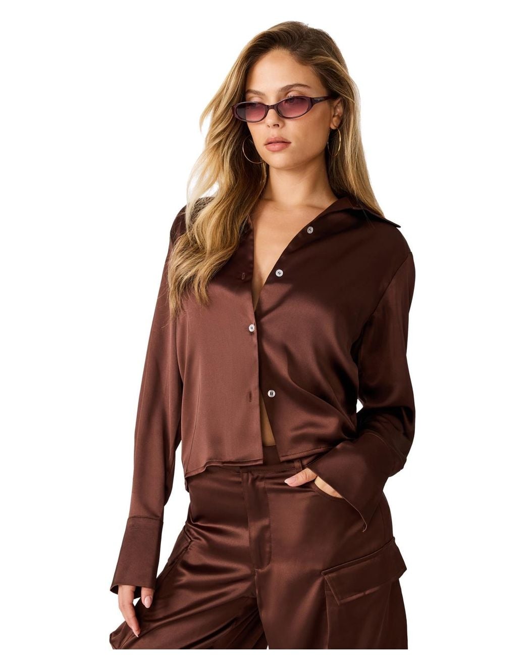 Steve Madden Brown Mare Long-sleeve Collared Blouse