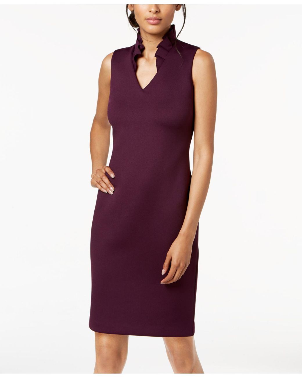 Calvin Klein Ruffled-collar Scuba Sheath Dress in Purple | Lyst
