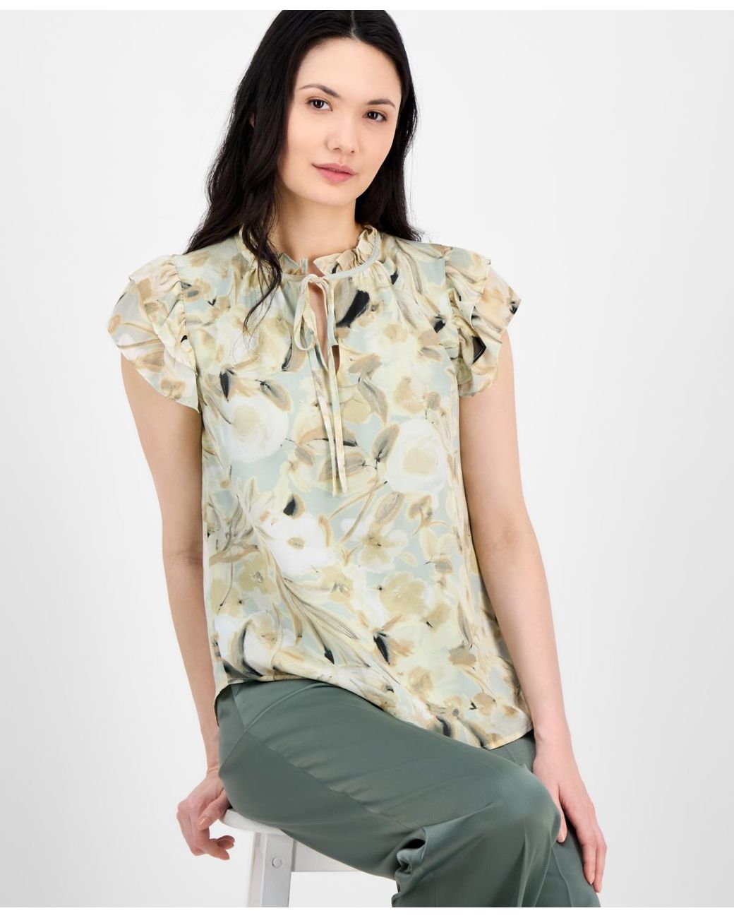 売れ筋商品|||アンクライン カットソー トップス レディース Women's Floral-Print V-Neck Cuffed Blouse Anne Black Multi Calvin Klein Petite Size Floral Print V-Neck Long Puffed