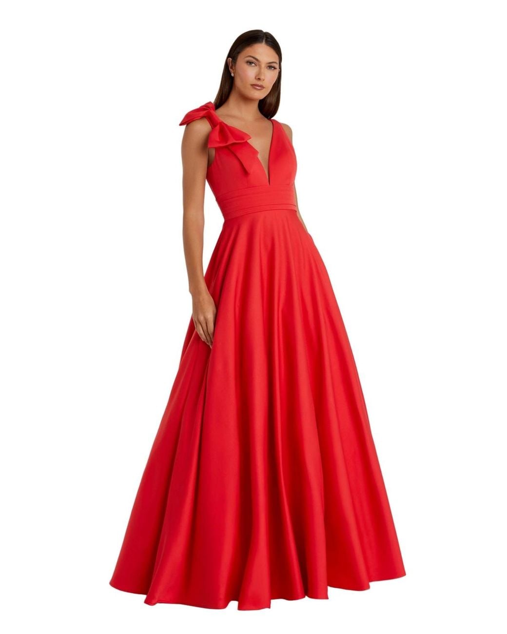 Mac Duggal Plunging V-neck Bow Detail Ball Gown in Red | Lyst