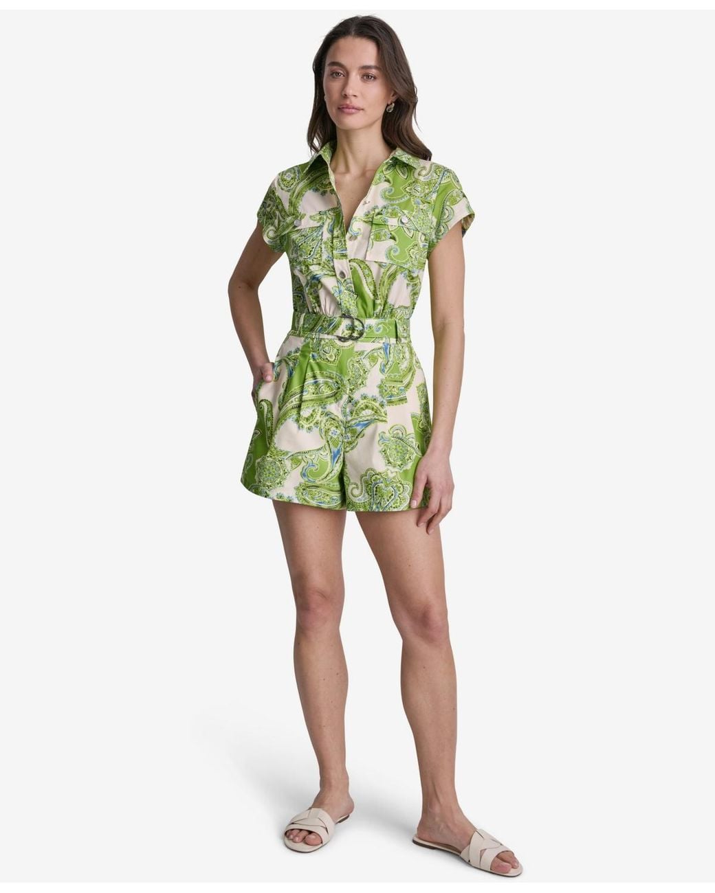 BCBGMAXAZRIA Green Printed Belted Collared Short Romper