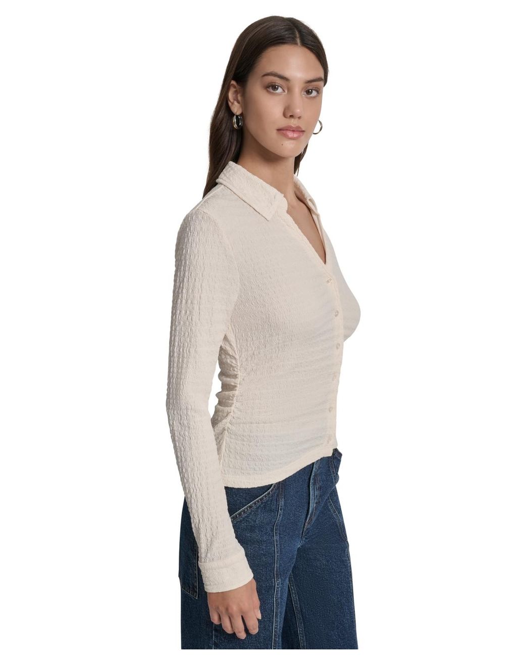 DKNY Natural Textured Collared Button-front Top