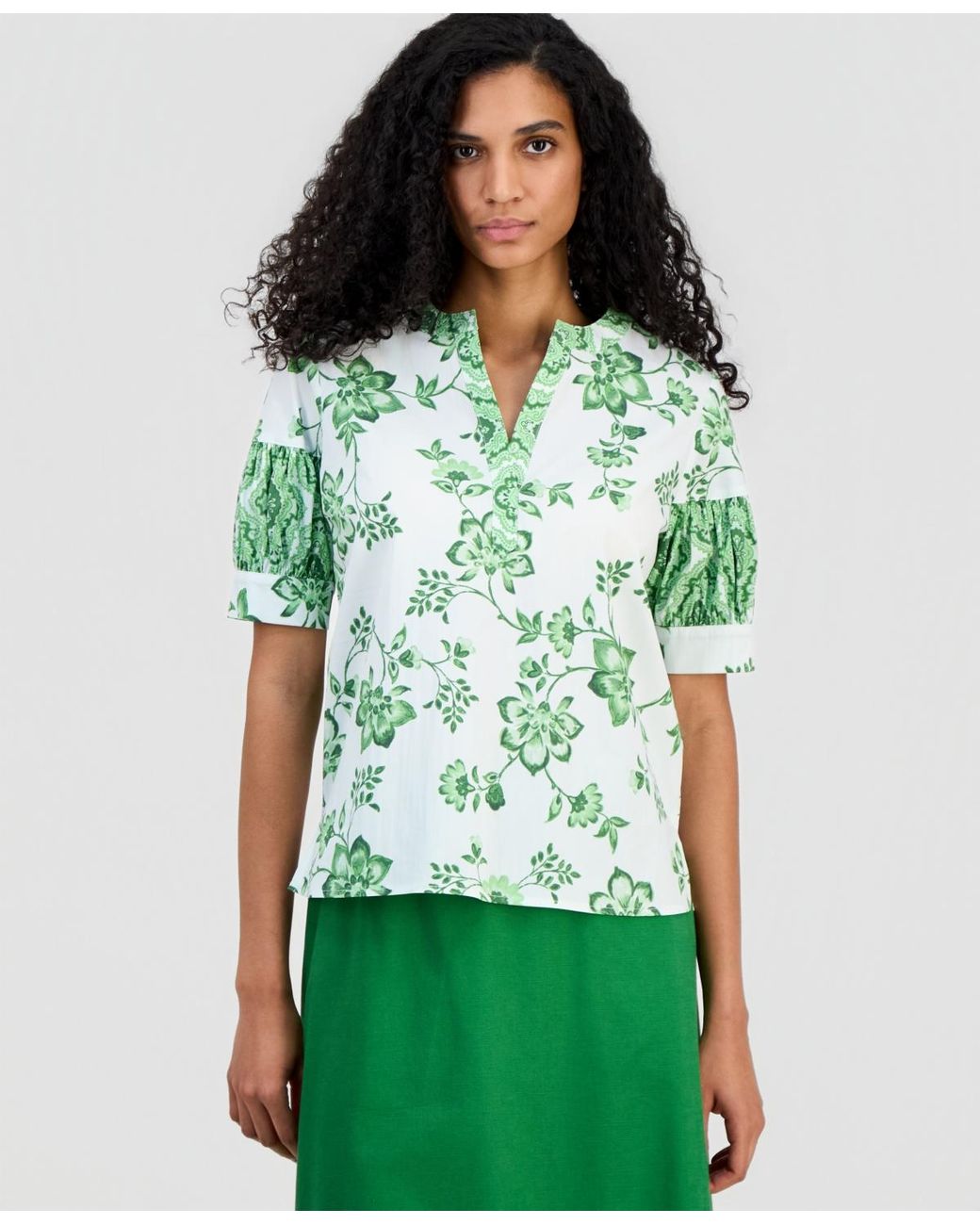 Tahari Green Split-neck Puffed-sleeve Top