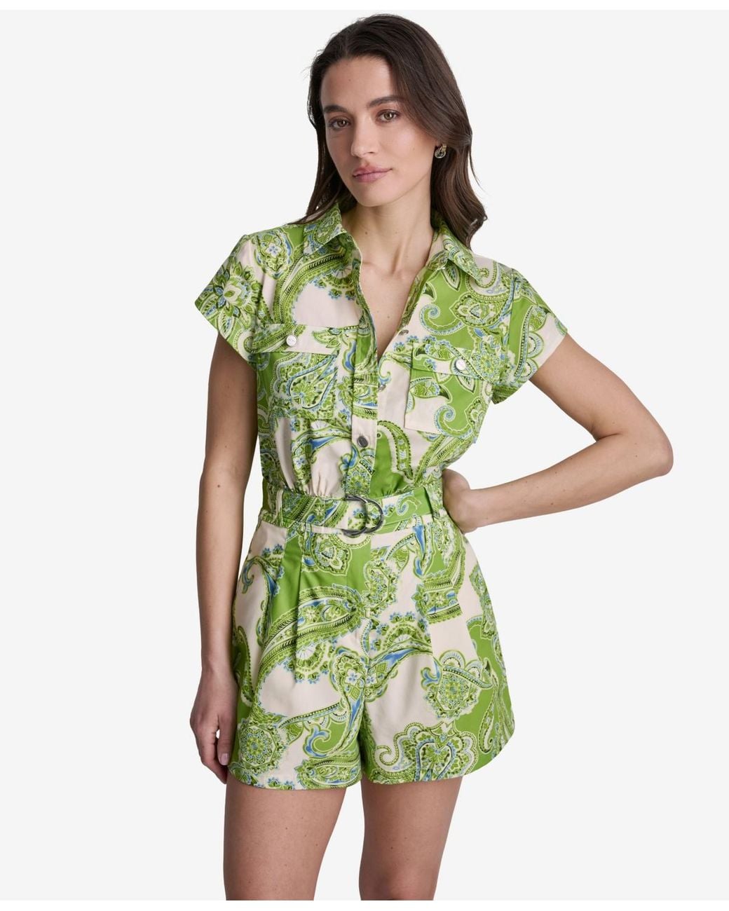 BCBGMAXAZRIA Green Printed Belted Collared Short Romper