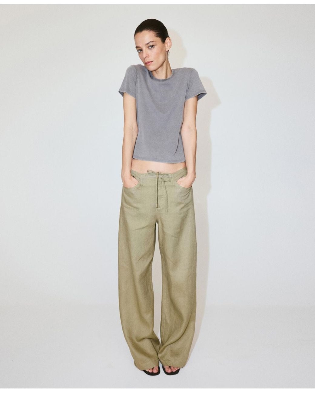 Mango Natural Bow Linen Pants