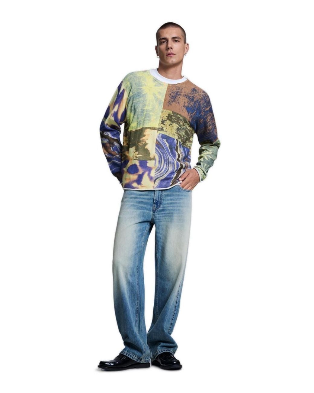 Desigual Blue Patchwork Print Loose Crew Neck Sweater for men