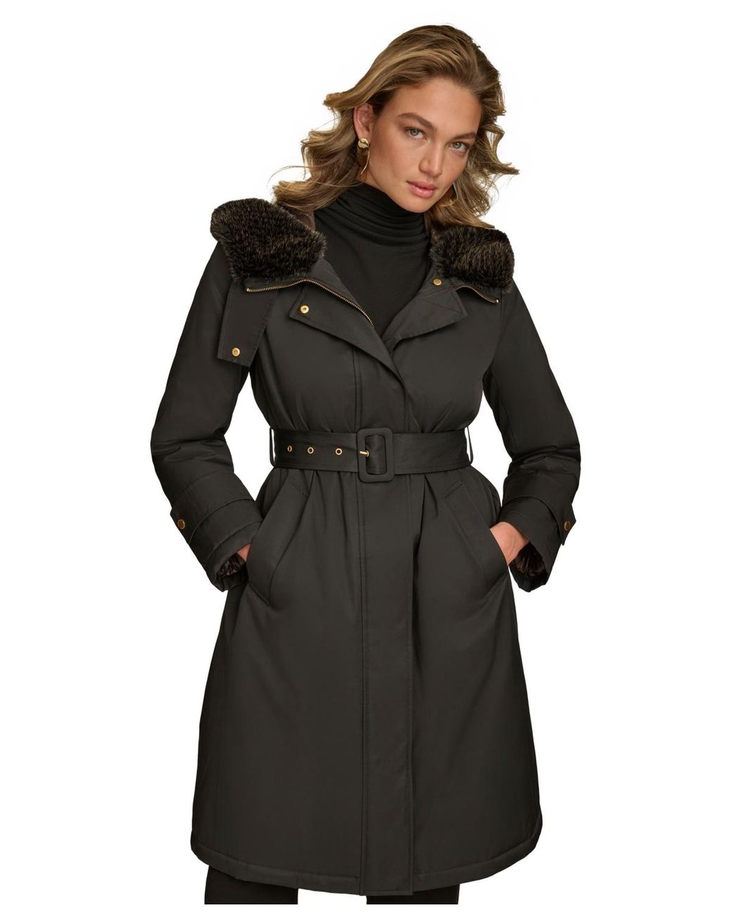 Donna Karan Faux fur trim Hooded Raincoat in Black Lyst