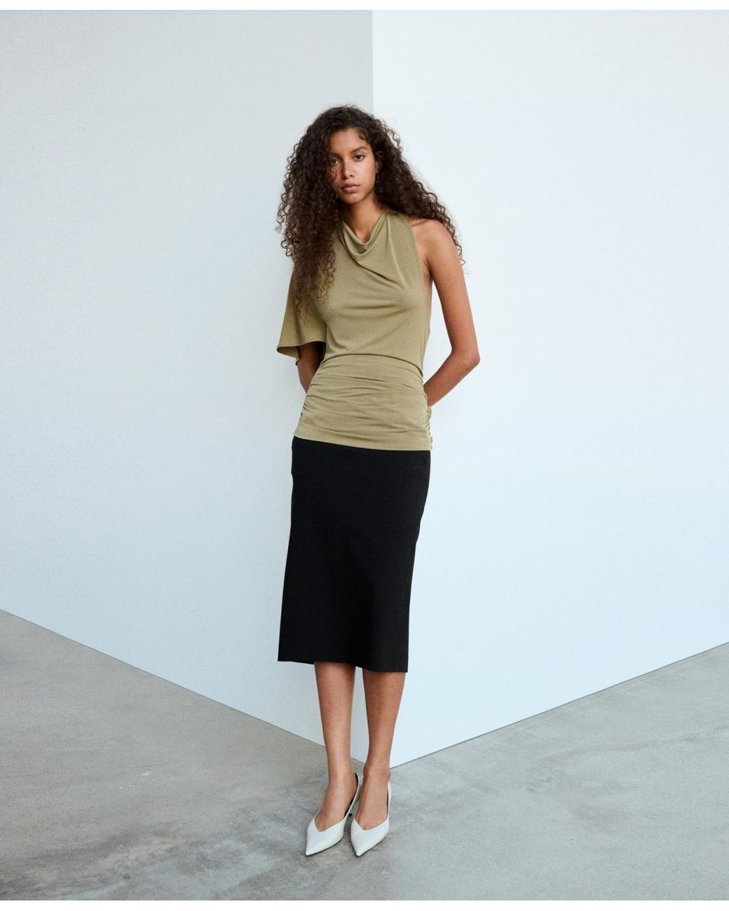 Mango Green Cowl Neck Asymmetrical Blouse