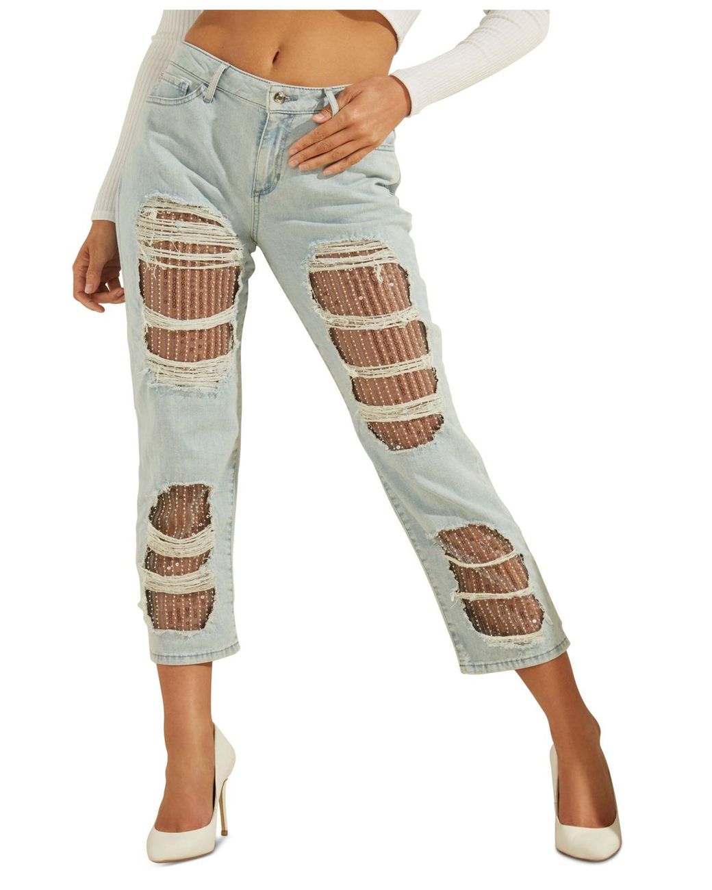Guess Sequin Straight Leg Jeans | Lyst