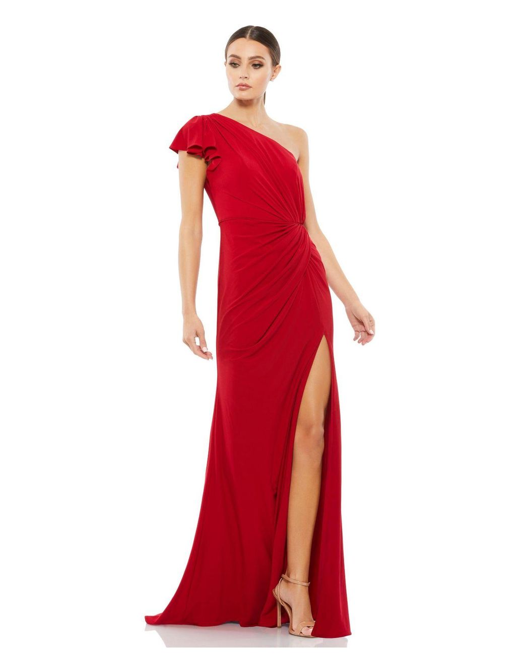 Mac Duggal Ruffled One Shoulder Draped Gown in Red | Lyst