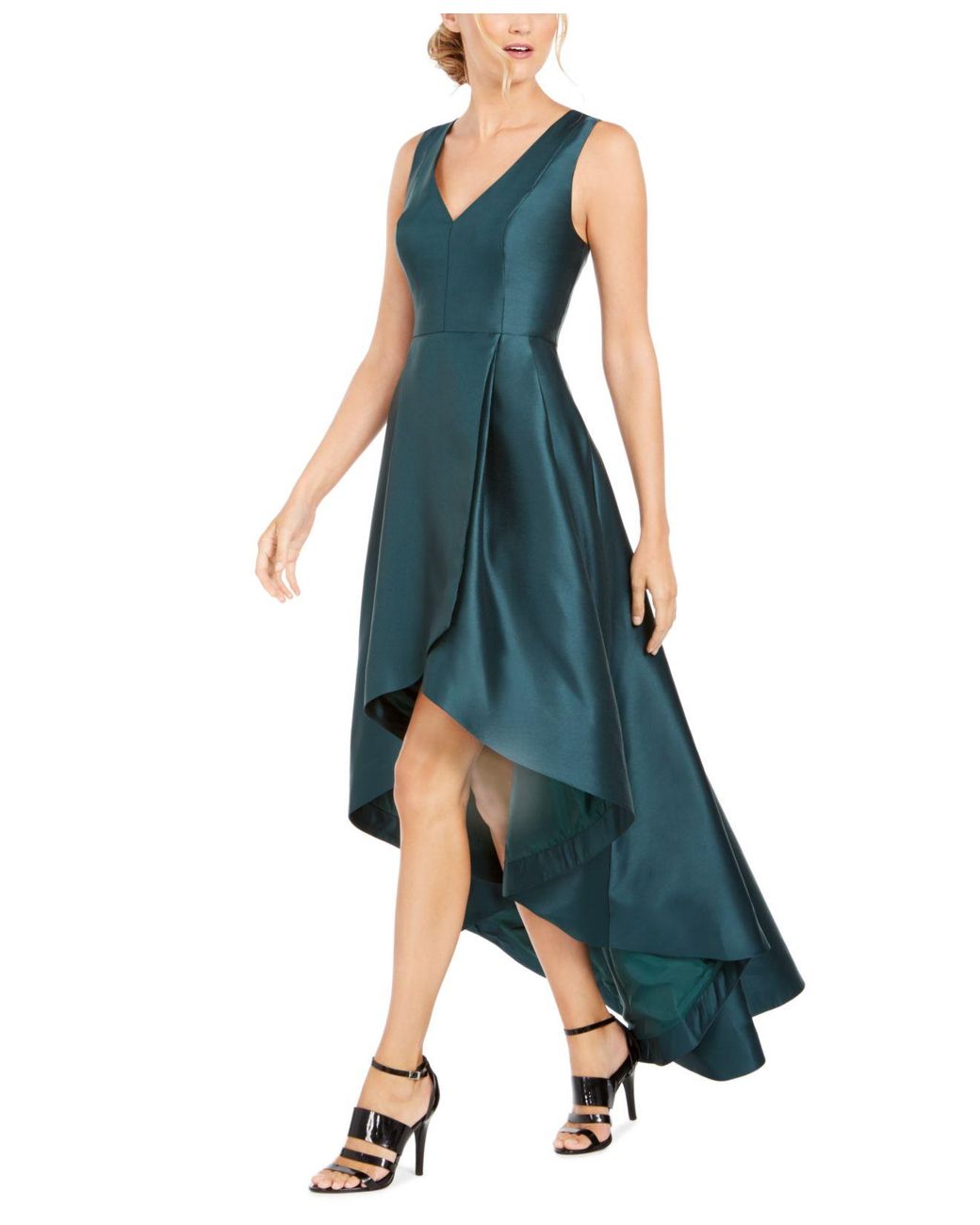 Calvin Klein V neck Satin High low Gown in Green Lyst